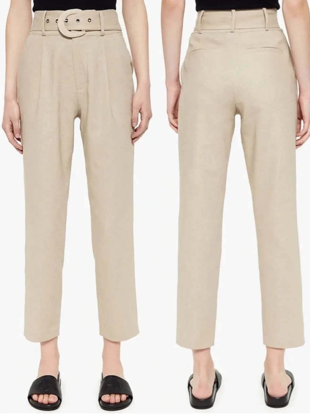 Anine Bing Linen Blend Beige High-Waist Paperbag Trousers - Size 36